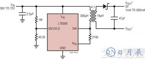 圖 1：具主端輸出電壓檢測的 LT8300 反激式轉(zhuǎn)換器