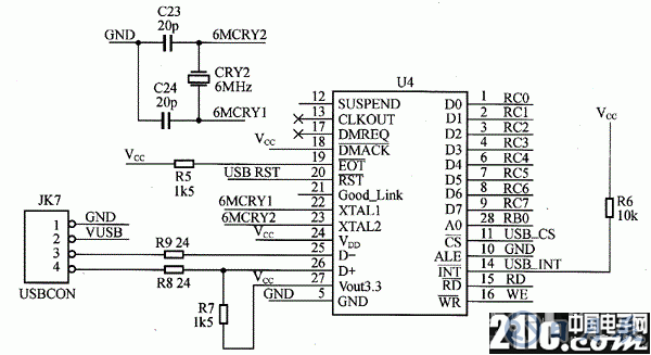 PDIUSBD12與PlCl6F877單片機(jī)的接口原理電路圖